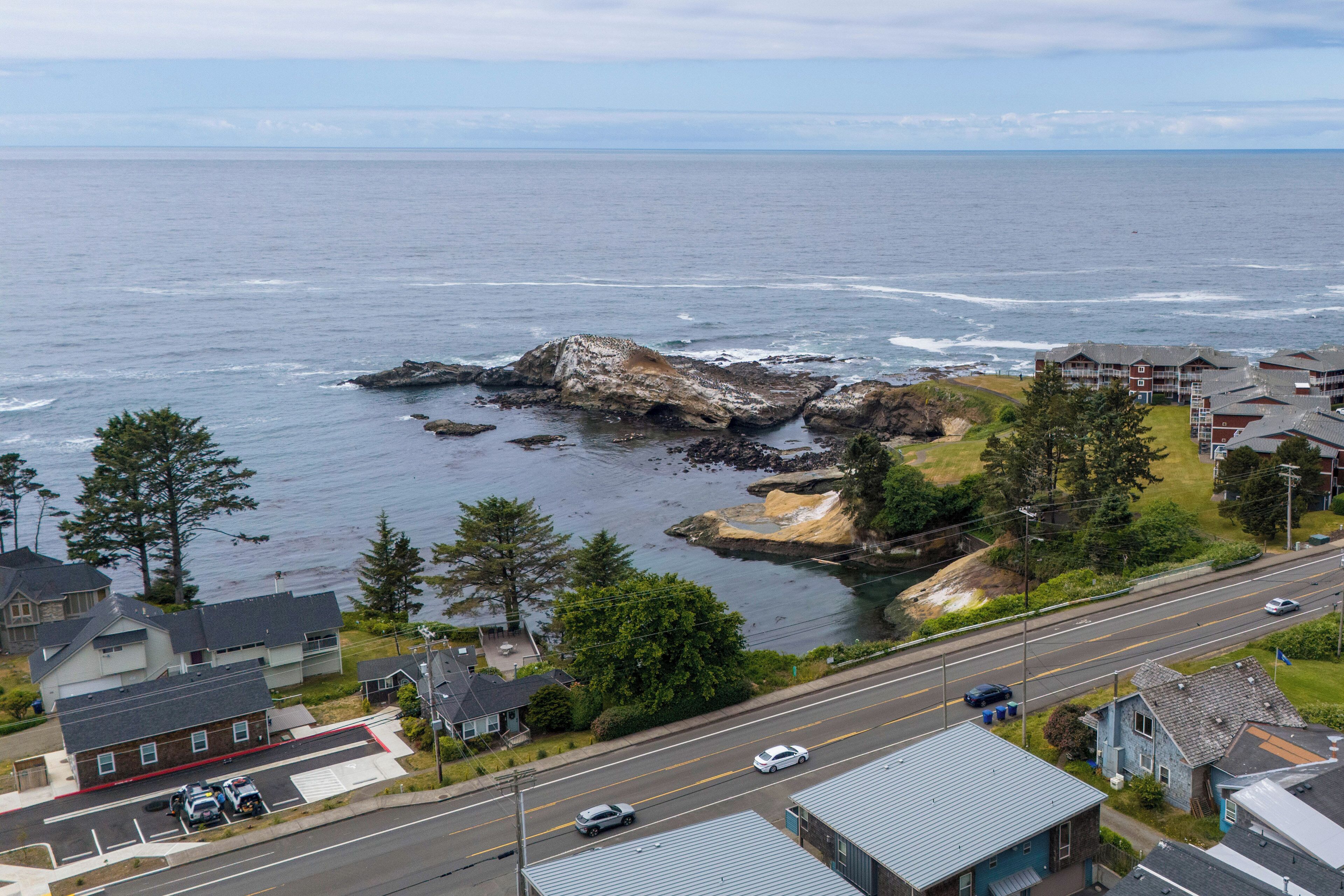 A coastal residential area with houses, a road, and a view of the ocean.