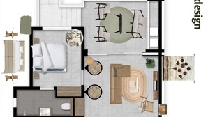 A 2D floor plan of a modern apartment with a living room, kitchen, dining area, two bedrooms, and a bathroom. - Caribbean Lounge — Elegant Island Apartment (Blue Bay Golf & Beach Resort)