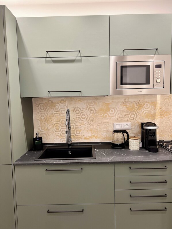 Appartamento Luxury | Cucina privata | Frigorifero con congelatore, microonde, forno, piano cottura