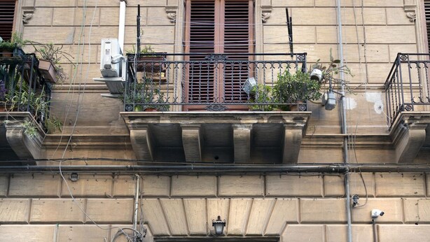 Un edificio con puerta doble de madera, un balcón con plantas y cableado eléctrico visible.
