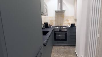 Deluxe Apartment | Private kitchen | Full-size fridge, microwave, oven, stovetop
