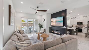 TV, fireplace, foosball