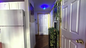 A hallway with a refrigerator, a door with a plant, and a ceiling light. - Riverside Boho Artist's Loft Downtown (Detroit)