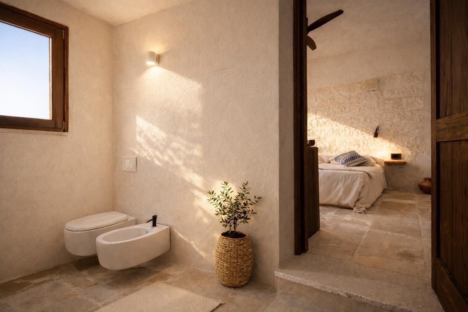 A modern bathroom with a dual toilet setup, a large potted plant, and a stone wall.