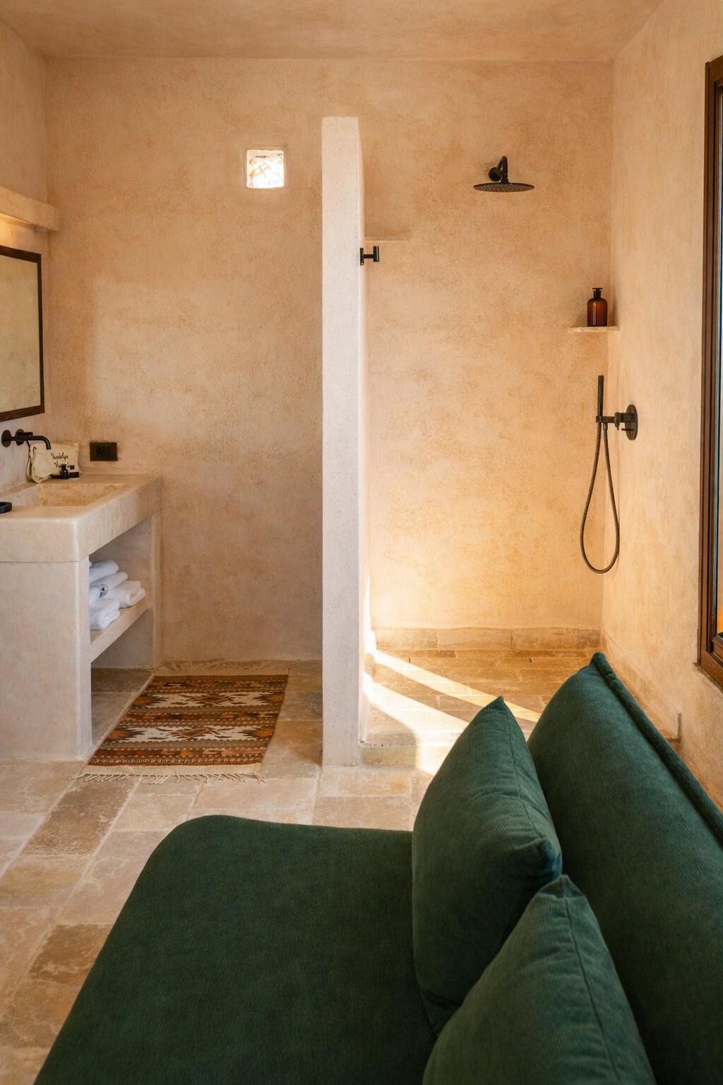 Un baño con ducha, lavabo y un perchero para toallas.