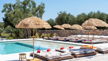 Seasonal outdoor pool, open 10:00 AM to 7:00 PM, pool umbrellas