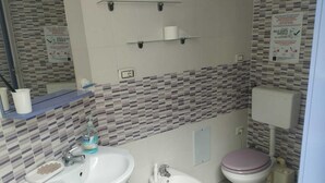 A bathroom with a sink, bidet, toilet, and a mirror. There are shelves above the sink and a toilet paper holder on the wall.