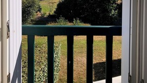 Blick von einem Balkon mit grüner Brüstung auf einen üppigen Garten und eine Hügel mit Bäumen und einem Gebäude in der Ferne.