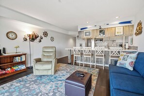 Smart TV, fireplace, books