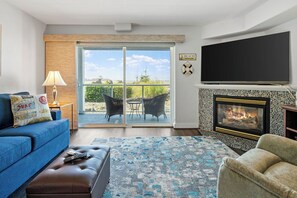 Smart TV, fireplace, books