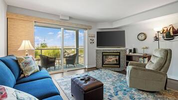 Smart TV, fireplace, books