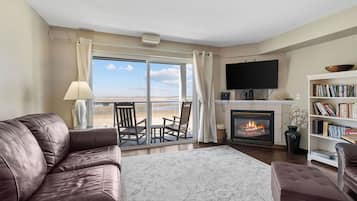 Smart TV, fireplace, books
