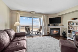 Smart TV, fireplace, books