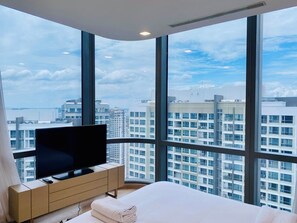 Laptop workspace, blackout drapes, soundproofing, iron/ironing board