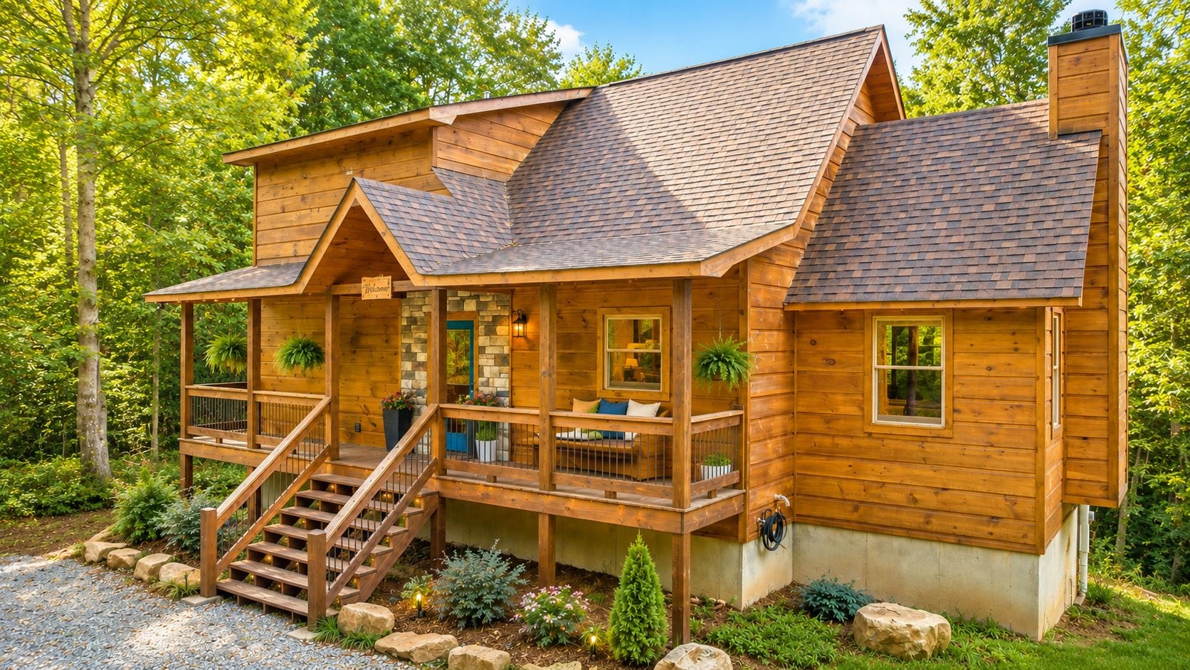 A wooden cabin with a porch, a staircase, and a small garden area.