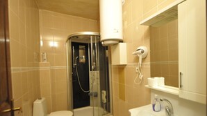 Un bany amb vàter, un lavabo, una dutxa envidriada i un mirall sobre el lavabo.