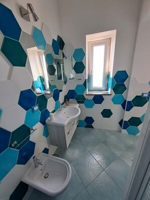 Een douche, een haardroger, een bidet, handdoeken