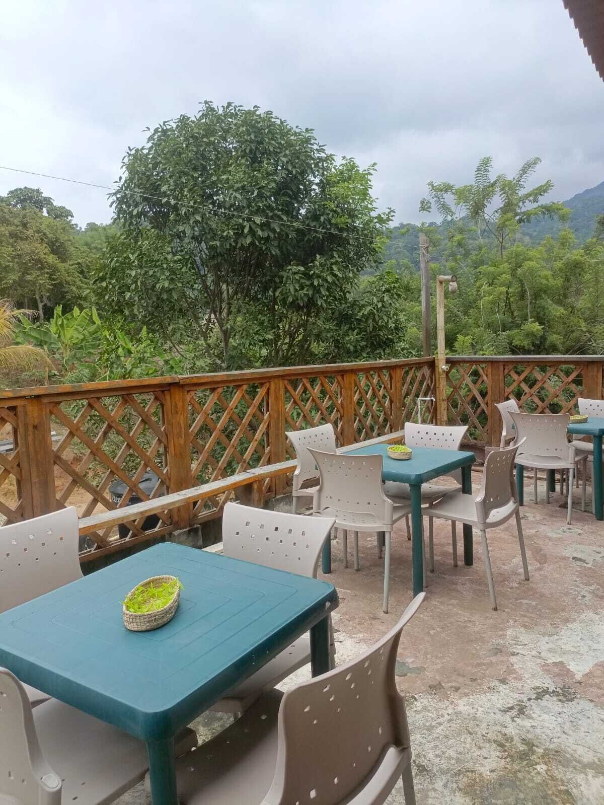 An outdoor seating area with tables and chairs, surrounded by a wooden fence and lush greenery.