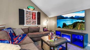 TV connectée, cheminée, jeux vidéo, livres