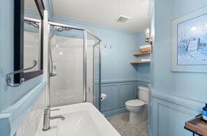 Hair dryer, towels, soap, toilet paper