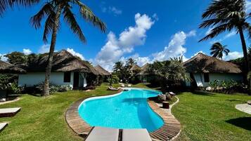 Outdoor pool, pool umbrellas, pool loungers