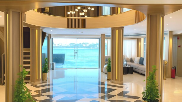 A spacious lobby with a checkered floor, large windows offering a view of the sea, and a modern chandelier. - Nile Cruise Rene, Every Wednesday from Aswan for 3 nights and every Saturday from Luxor for 4 nights, including three meals (Aswan)