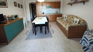 Ein kompakter Wohnbereich mit Esstisch, Sofa, Küchenzeile und Deckenleuchte.