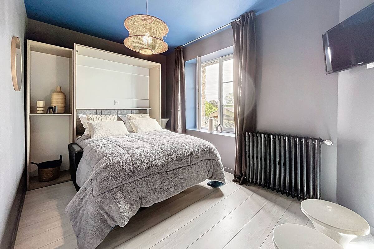 A bedroom with a bed, a hanging light fixture, a radiator, and a window with curtains.