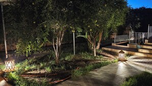 A well-lit outdoor area with steps leading up to a covered walkway, surrounded by trees and a garden.