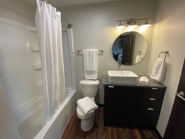 Hair dryer, towels, soap, toilet paper