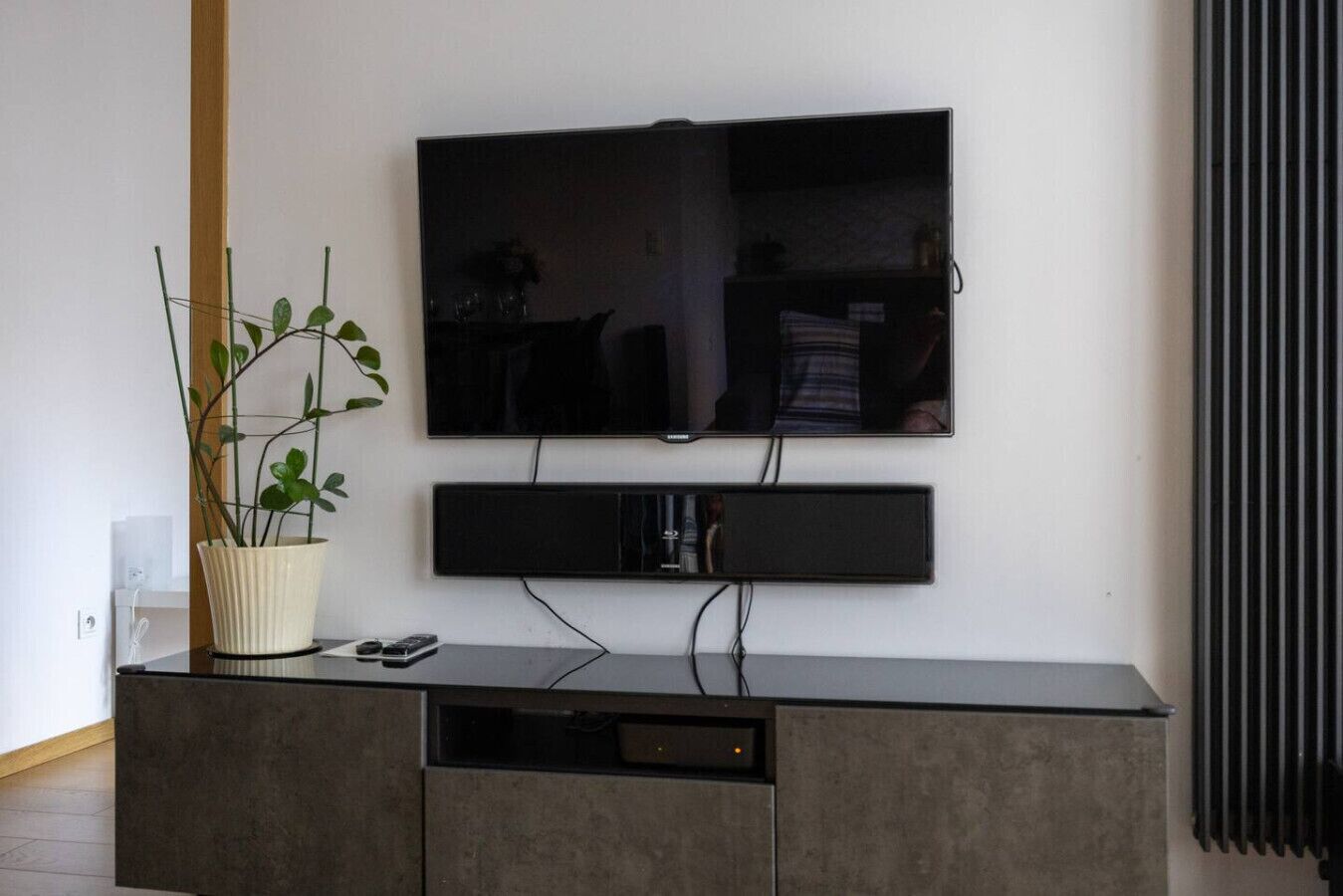 Un televisor de pantalla plana montado en la pared sobre un mueble de entretenimiento oscuro, con una planta a la izquierda.