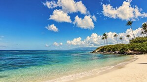 A beach with clear turquoise water, a sandy shore, and palm trees.