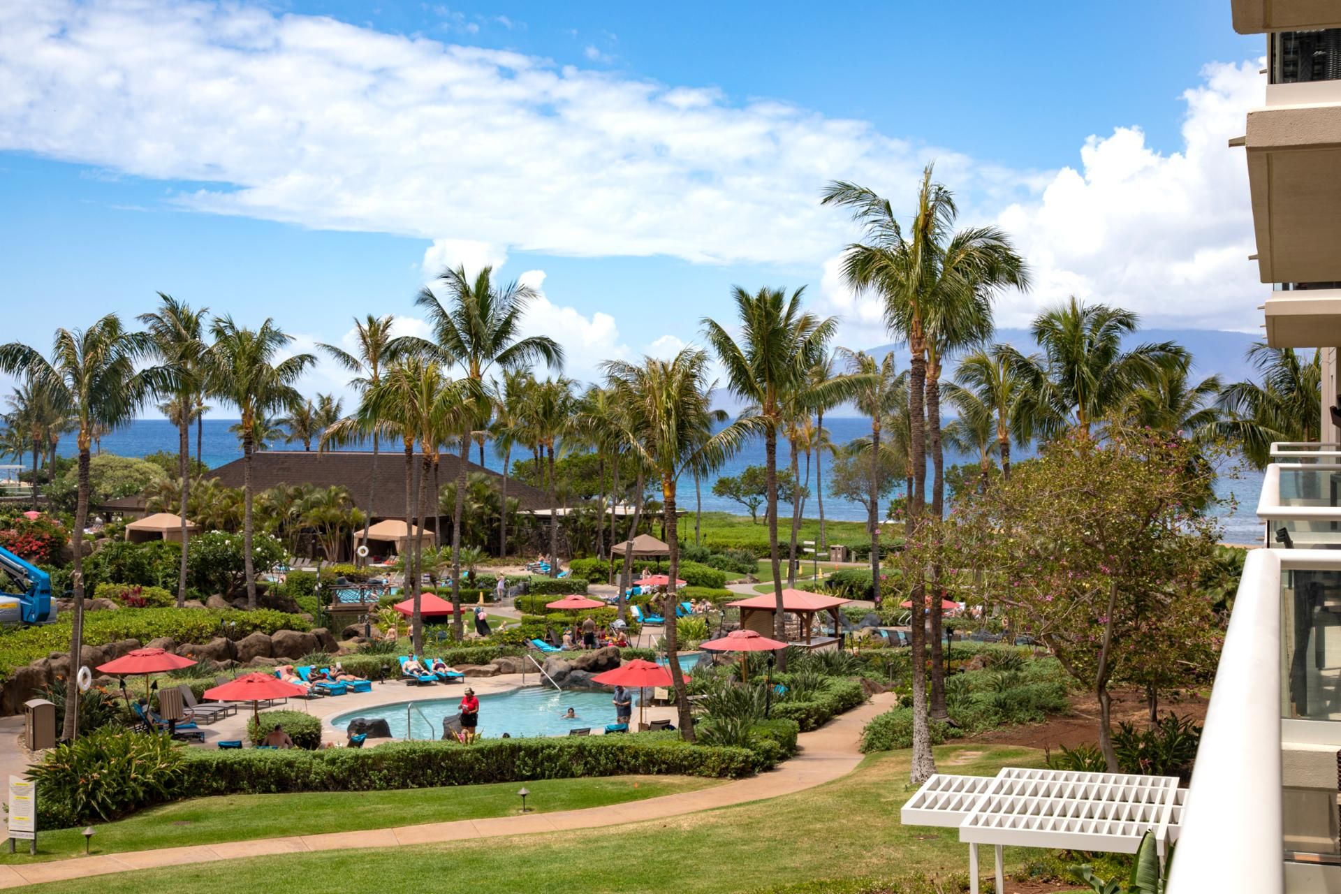 Un resort con piscina, palmeras y vista al océano.