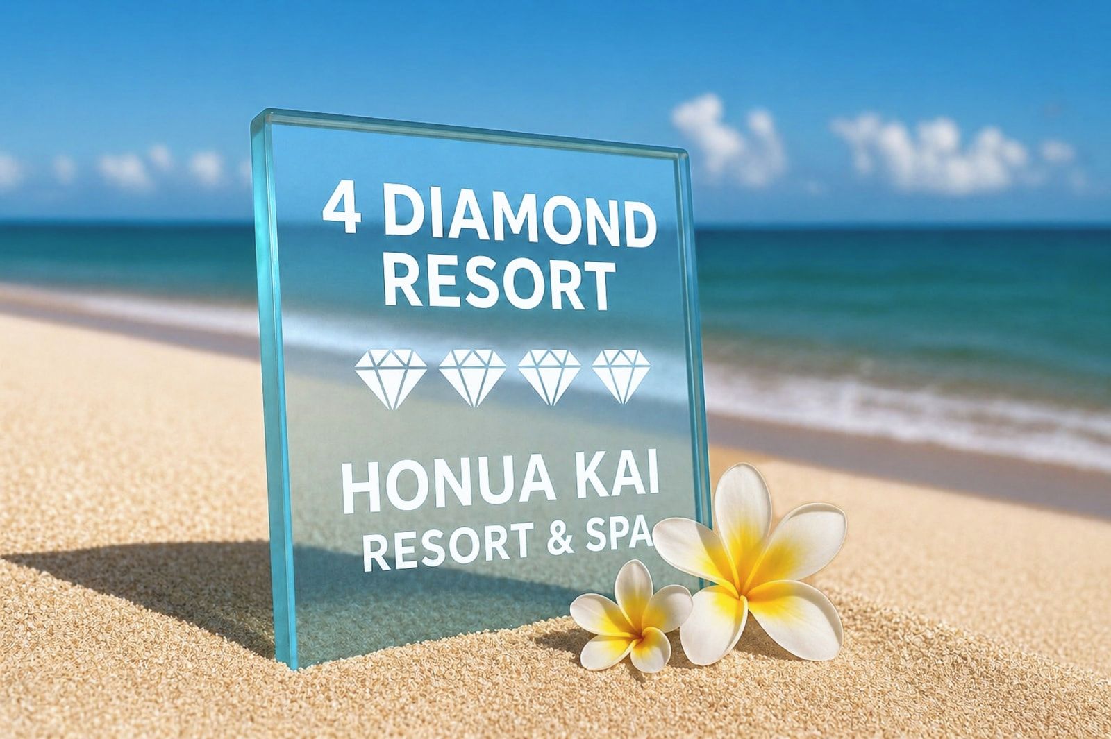 Schild für das 4 Diamond Resort am Strand bei blauem Himmel.