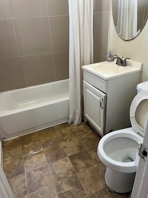 Hair dryer, towels, soap, shampoo