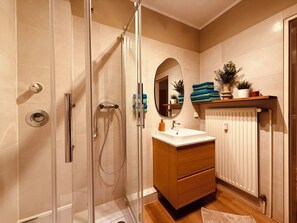 Dusche, Haartrockner, Handtücher, Seife