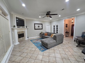 TV, fireplace, computer monitors, printers