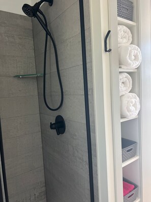 Shower, hair dryer, towels, soap