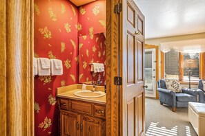 Jetted bath, hair dryer, towels, soap