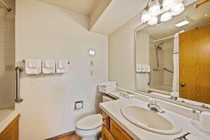 Shower, jetted tub, hair dryer, towels