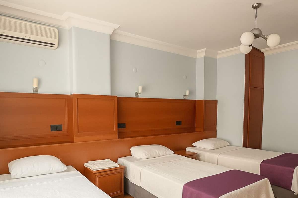 Desk, laptop workspace, blackout curtains, free WiFi