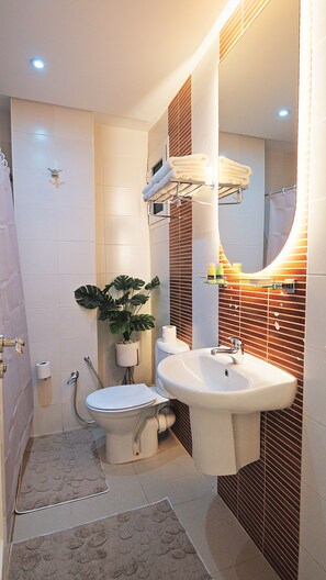 Shower, hair dryer, towels, soap