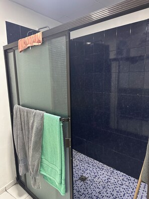 Shower, hair dryer, towels, soap