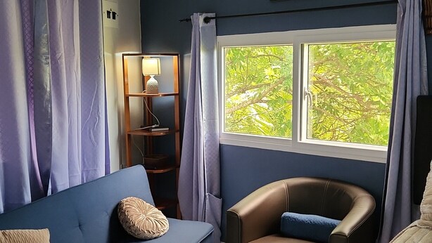 Une pièce avec un canapé bleu, un fauteuil en cuir, un lit, une fenêtre donnant sur un paysage verdoyant et un tableau accroché au mur.