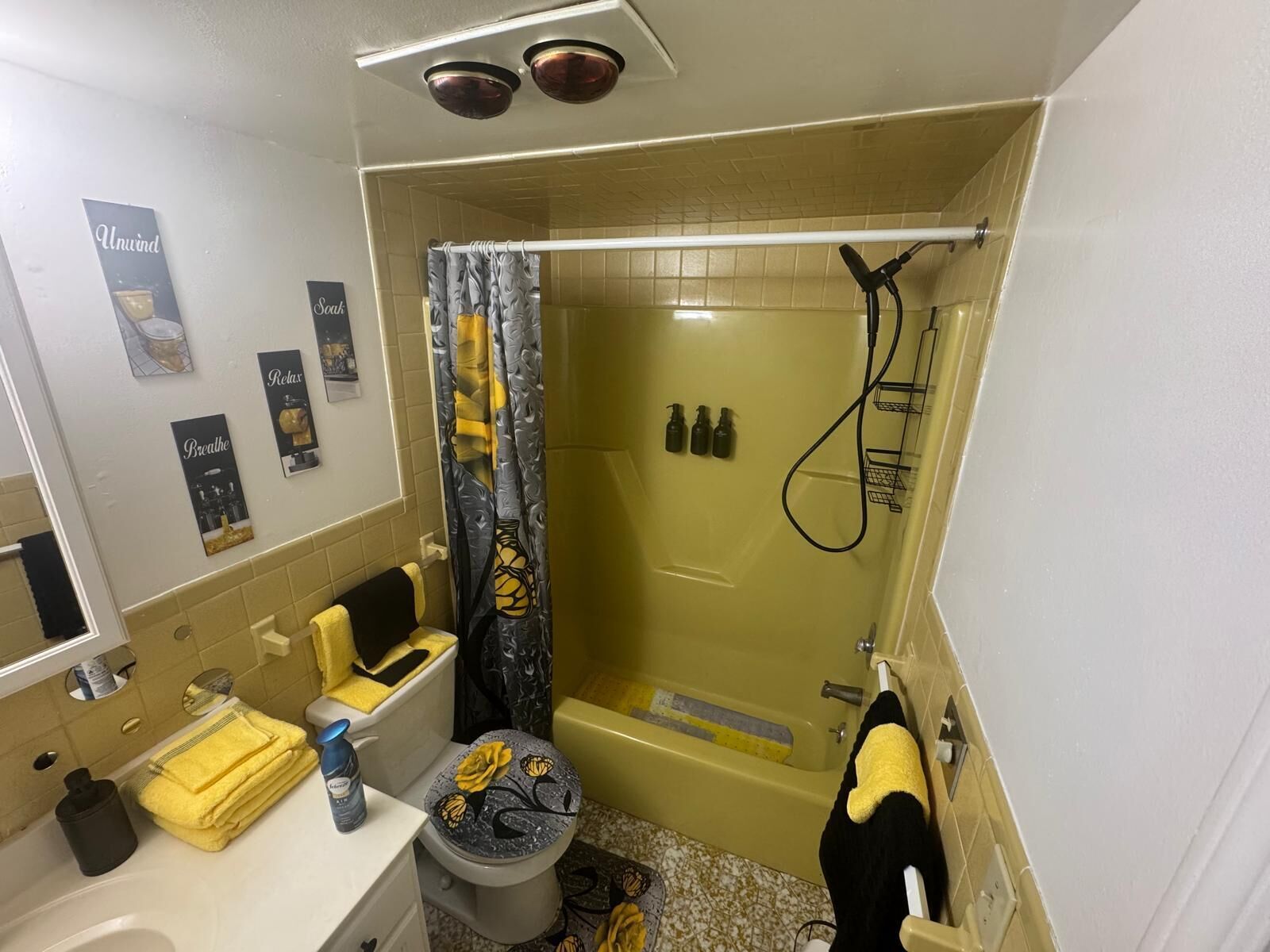 Hair dryer, towels, soap, toilet paper