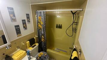 Hair dryer, towels, soap, toilet paper