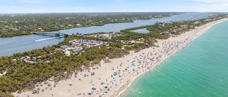 Plage à proximité, chaises longues, serviettes de plage