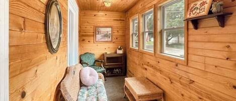 Smart TV, fireplace, video games, DVD player