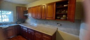 Fridge, microwave, stovetop, electric kettle