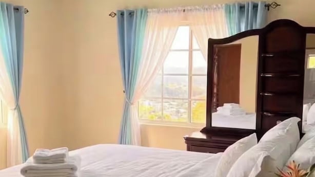 Una habitación de hotel con una cama, una mesita de noche de madera, un jarrón con una planta y un cuadro en la mesita.